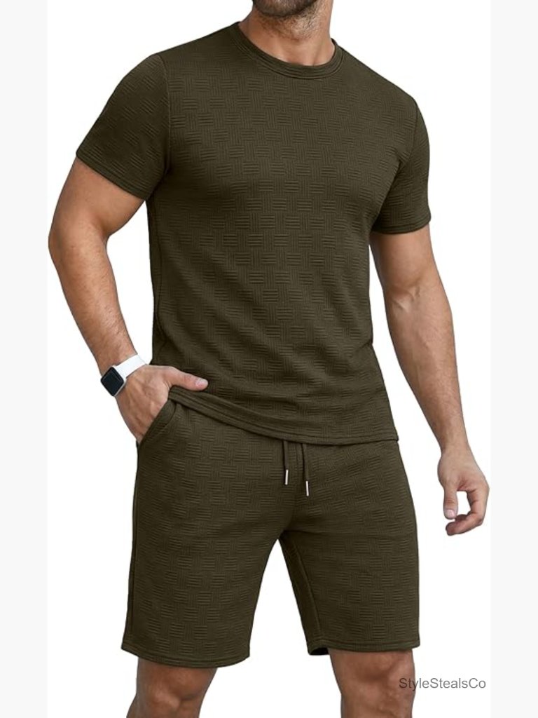 Men's 2-Piece Jacquard T-Shirt And Shorts Set, Polyester Blend, X-Large